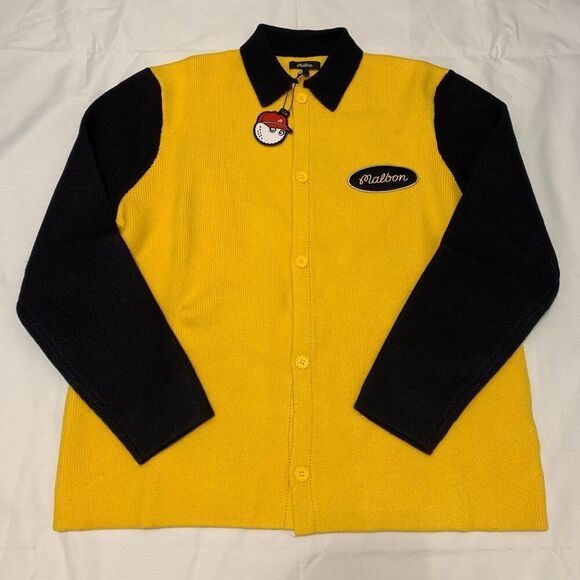 NWT Malbon Golf Sz L Mens Heritage Button Down Sweater Cardigan Marigold Navy - Picture 3 of 12